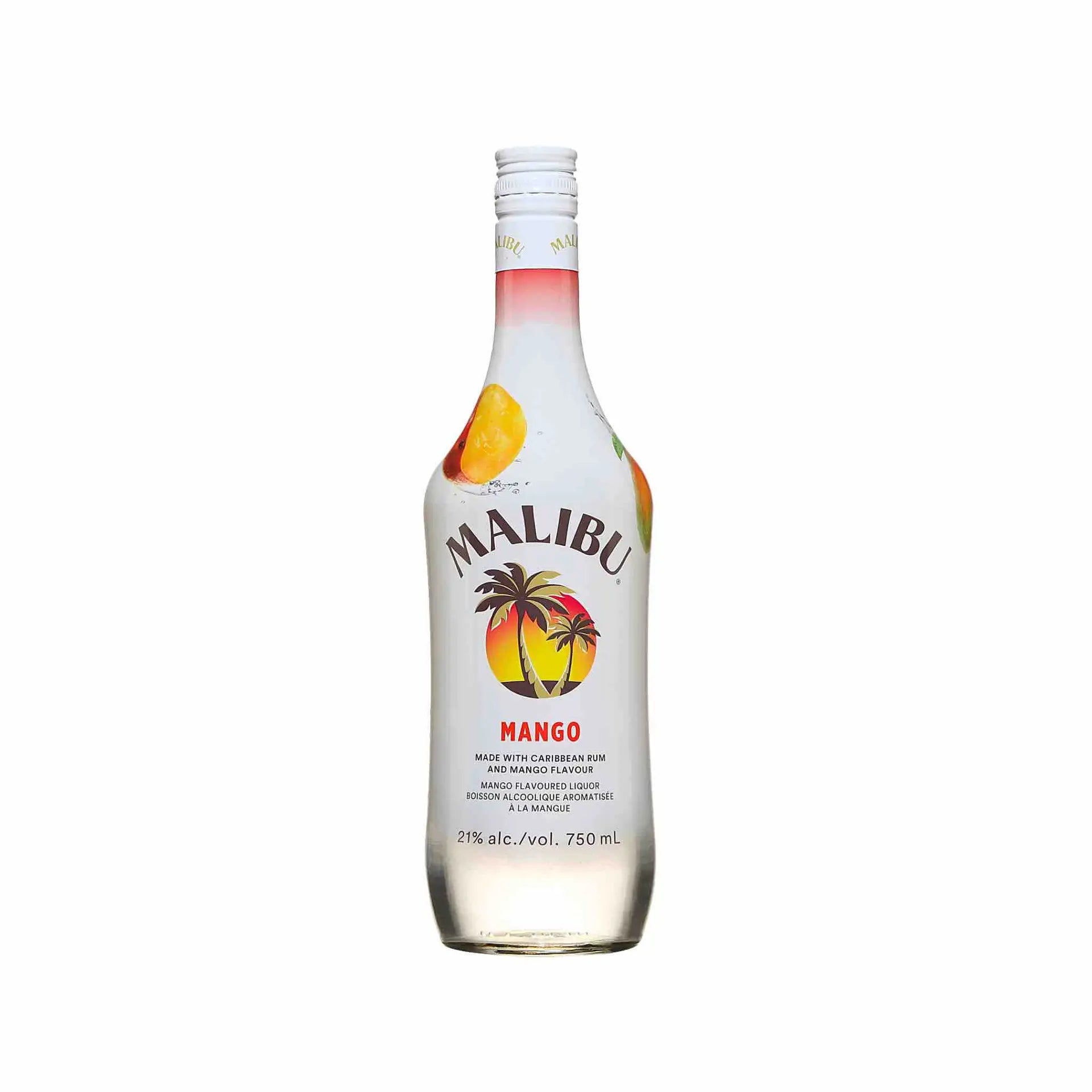 buy Malibu Carribean Mango Rum 750mL bottle, mango flavored rum on white background