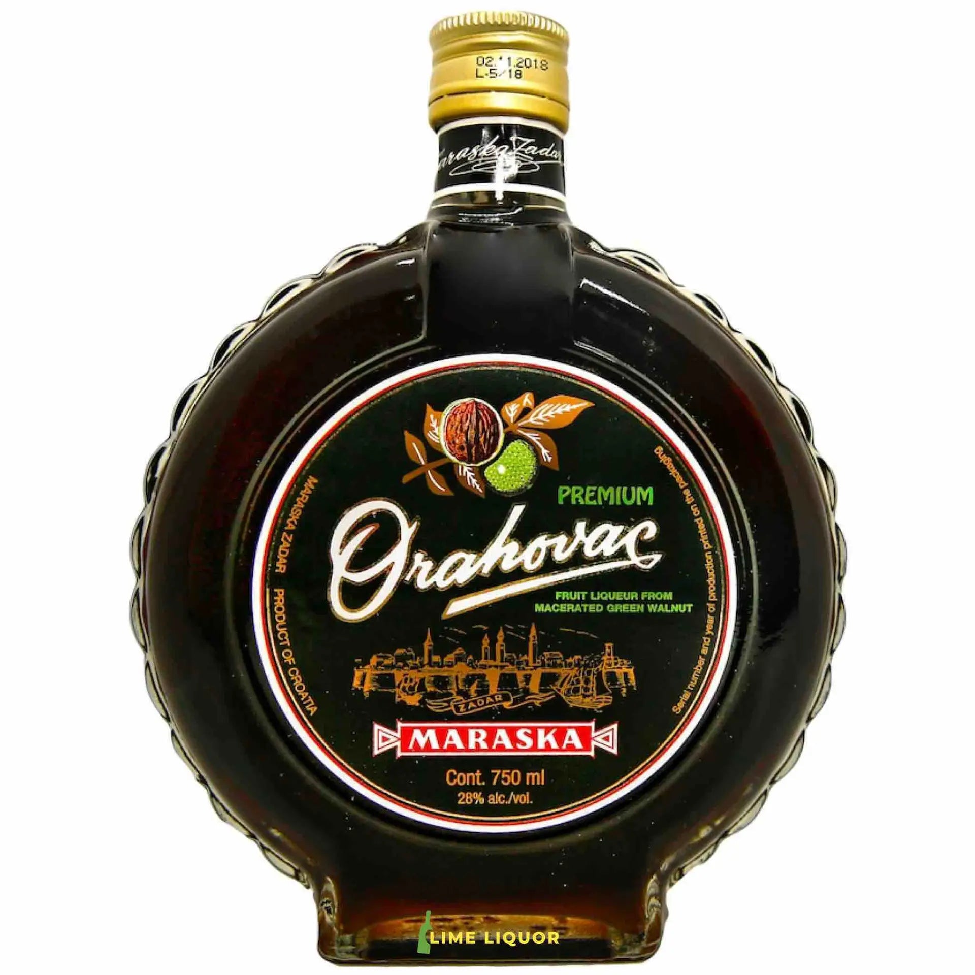 Buy Maraska Orahovac 750mL premium walnut fruit liqueur bottle, 28% alc, product photo