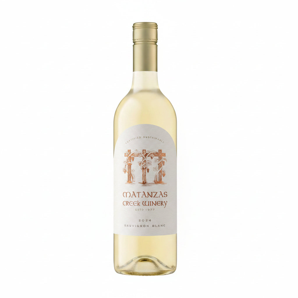 Bottle of Matanzas Creek Sonoma Sauvignon Blanc wine in a 750mL bottle, featuring a label with a scenic vineyard image.