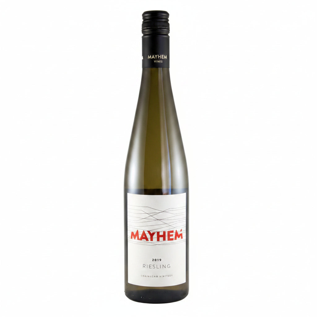 Bottle of Mayhem Wines Riesling 750mL with label visible, showcasing clear glass and vibrant wine color.