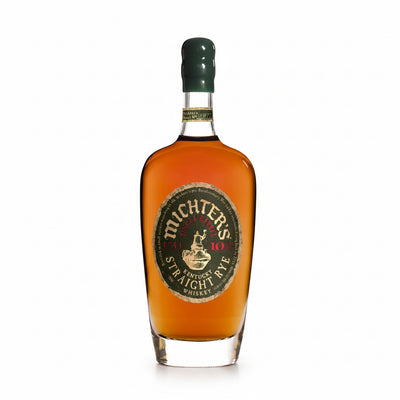 Michter's Single Barrel 10 Year Old Straight Rye whiskey in a 750mL bottle, showcasing a clear glass bottle with a label and amber liquid inside.