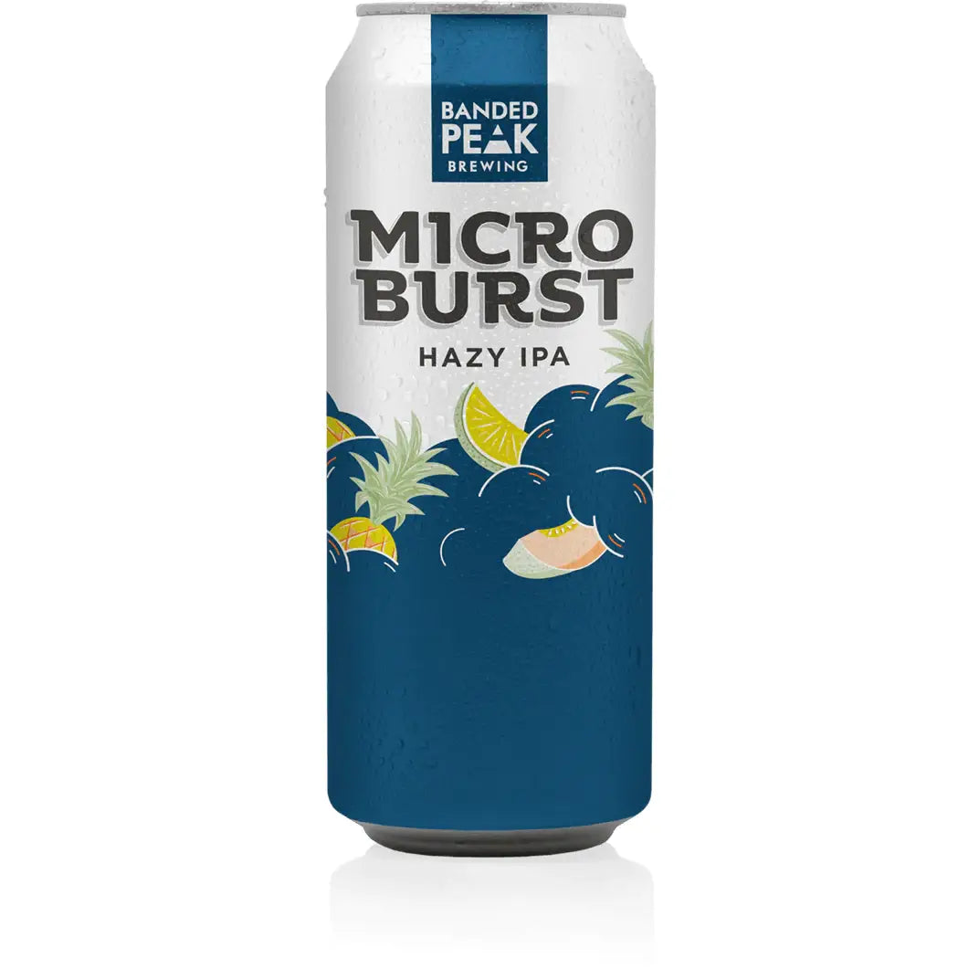Buy Microburst Hazy IPA, featuring a blue can with citrus and pineapple illustrations.