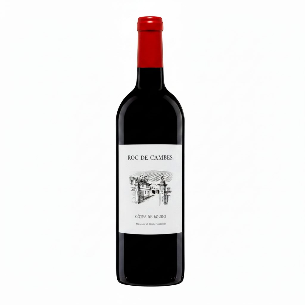 Mitjaville Roc de Cambes Château red wine bottle with label featuring elegant design and vineyard imagery.
