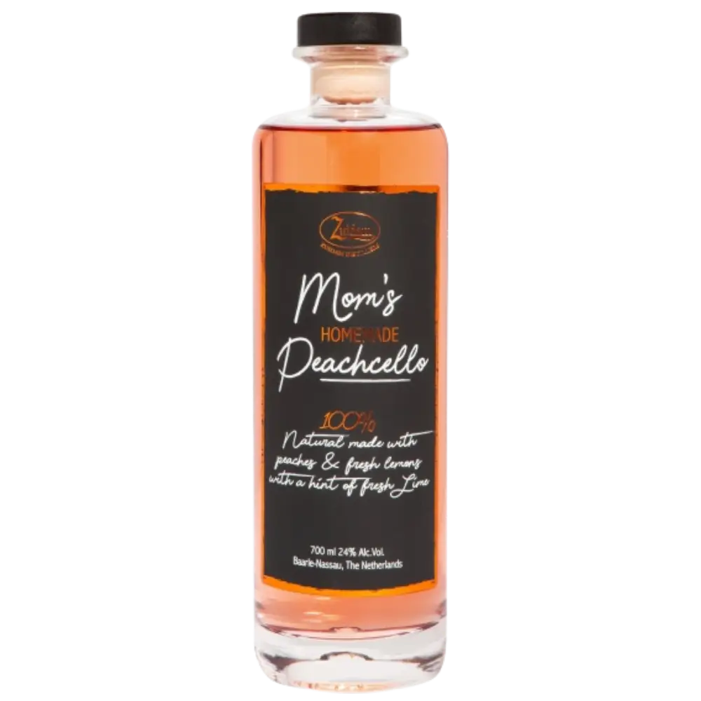 Buy Mom's Homemade Peachcello 700mL, peach and lemon liqueur bottle, 24% ABV.