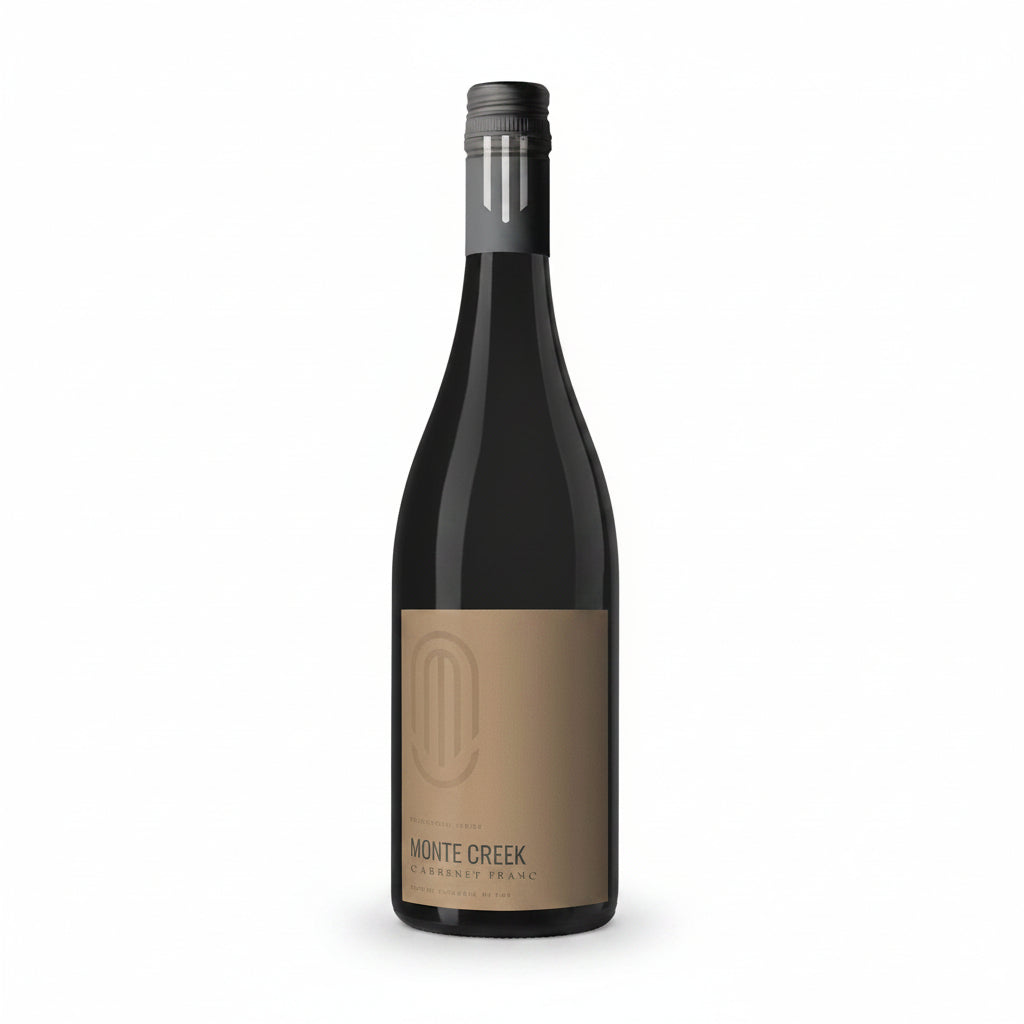 Bottle of Monte Creek Living Land Cabernet Franc wine in a 750mL bottle, with a dark red liquid visible through the glass.