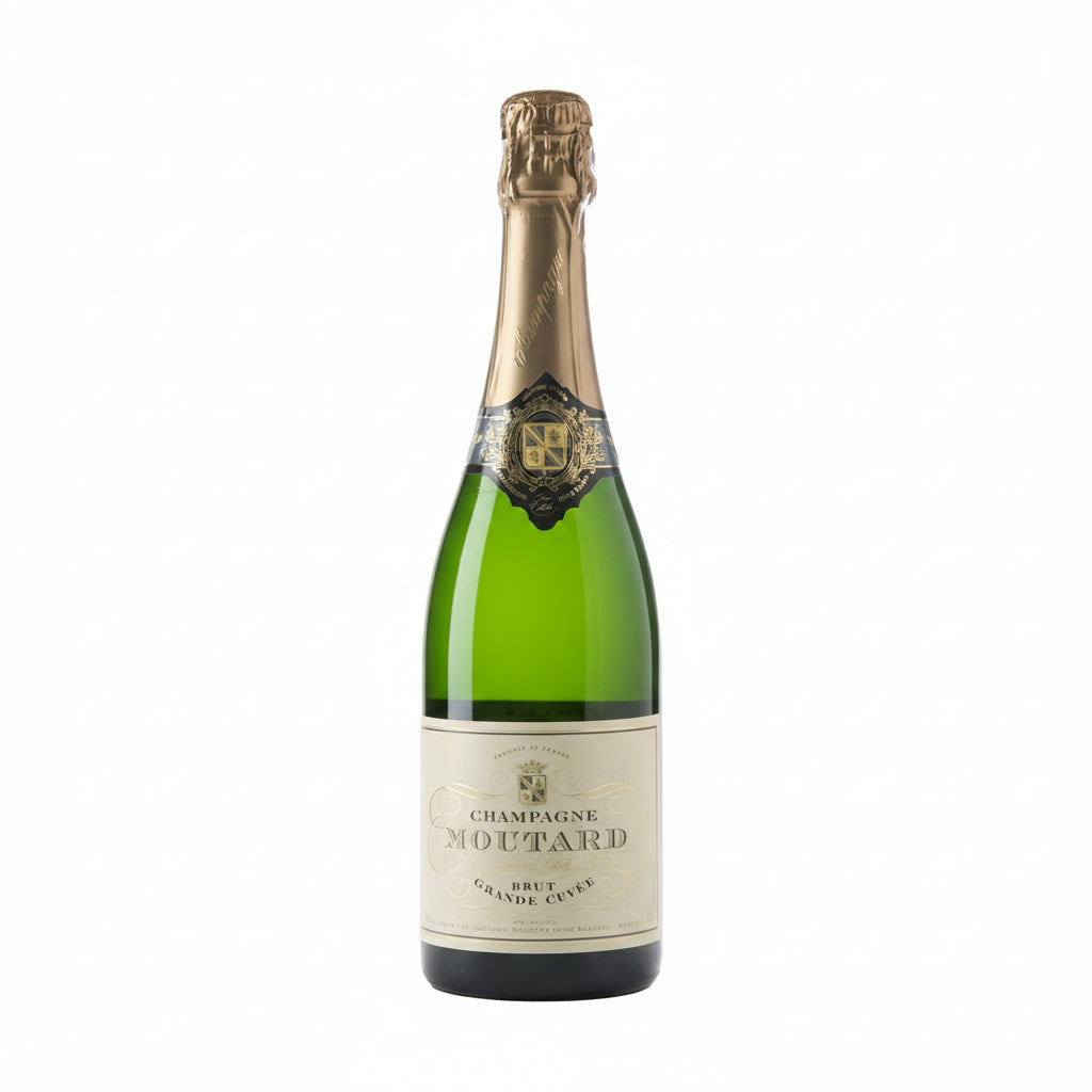 Bottle of Moutard Champagne Grande Cuvée Brut with a gold foil top and elegant label, sparkling and ready for celebration.