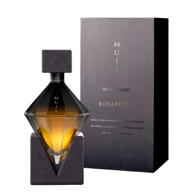 Muja Irish Whiskey Rosapetra 500mL bottle with a clear label and elegant packaging, showcasing the rich amber color of the whiskey.