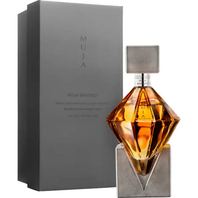 Bottle of Muja Irish Whiskey 500mL featuring a clear label and dark amber liquid inside, showcasing the whiskey's rich color.
