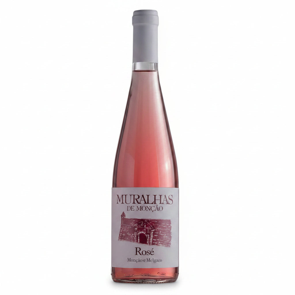 Bottle of Muralhas de Moncão Rose Vinho Verde wine in a 750mL bottle, featuring a rose-colored label and elegant design.