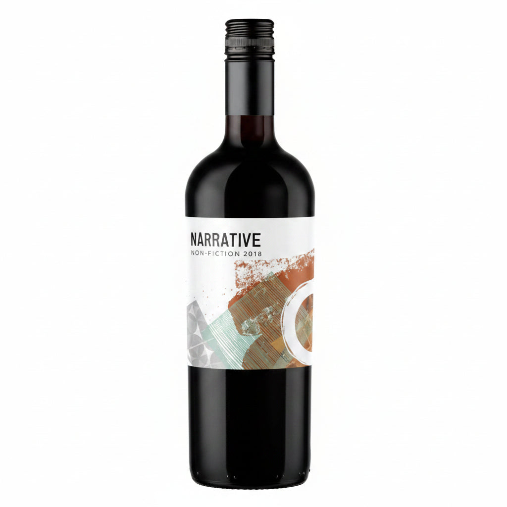 Bottle of Narrative Non-Fiction Red wine, 750mL with deep red color and elegant label design.