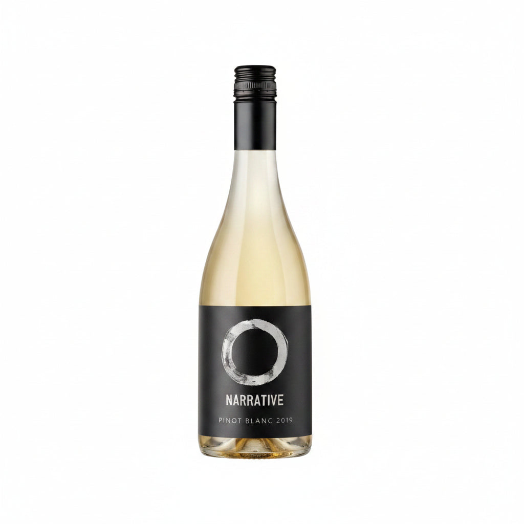 Bottle of Narrative Pinot Blanc wine in 750mL bottle with a label featuring the Narrative brand logo and elegant design.