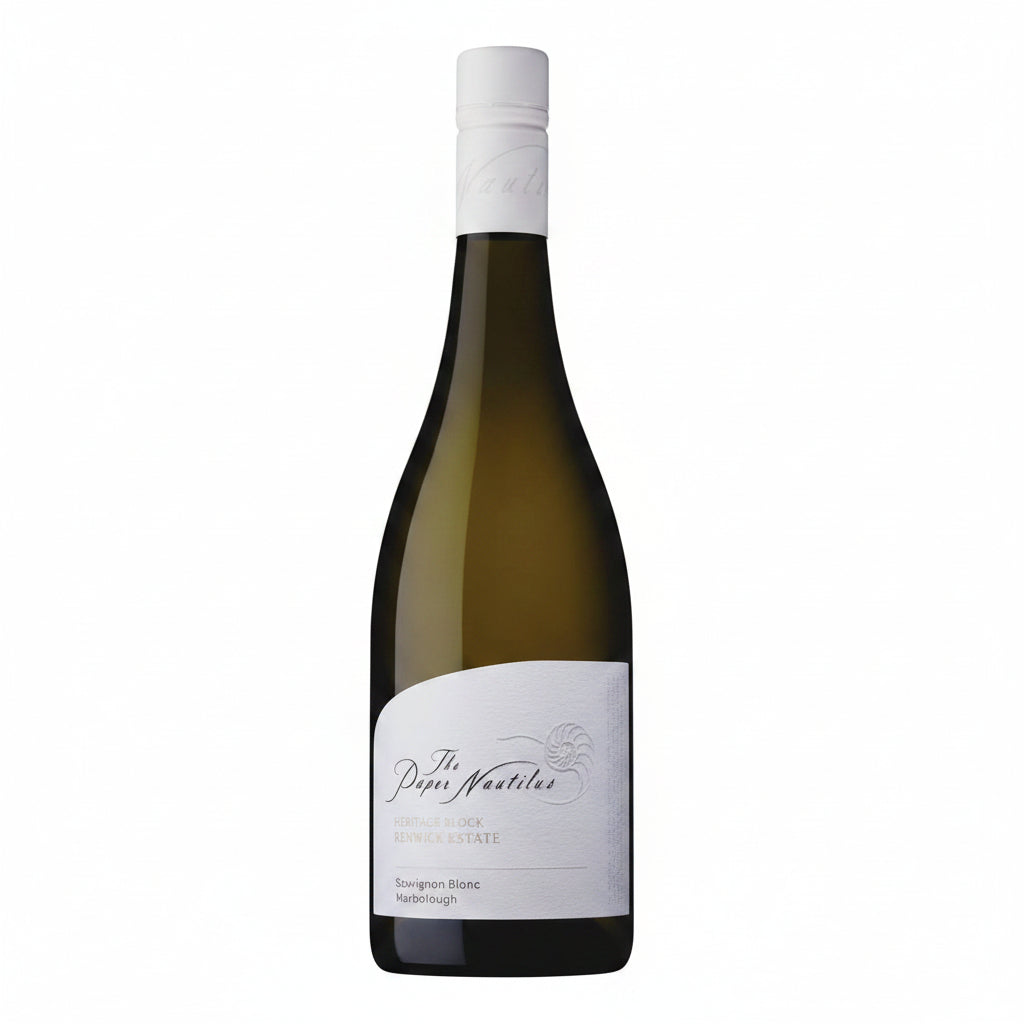 Bottle of Nautilus The Paper Sauvignon Blanc 750mL with a white wine label and fruit-themed design on the front.