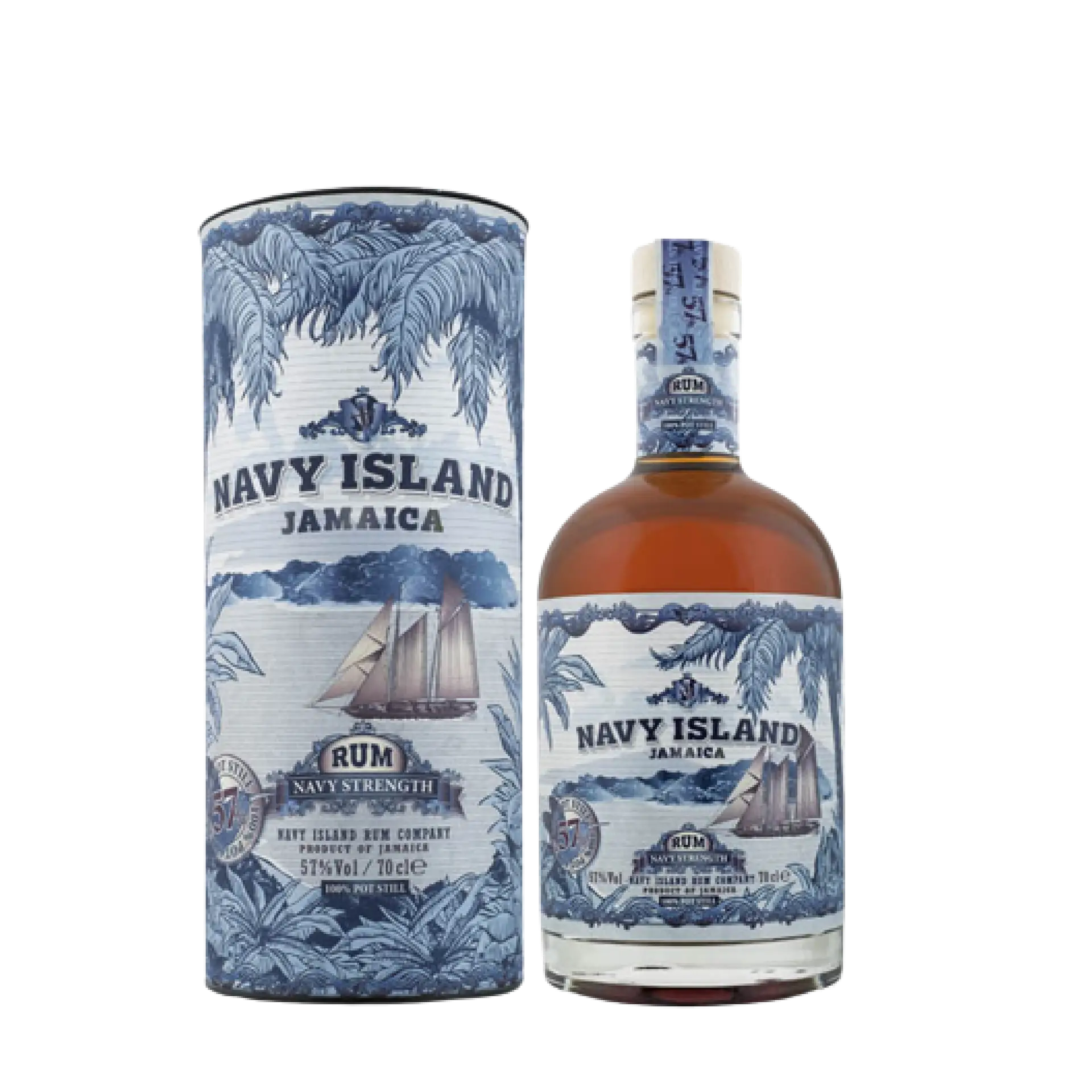 Buy Navy Island Navy Strength Rum 700mL, Jamaican rum bottle and decorative tube packaging.
