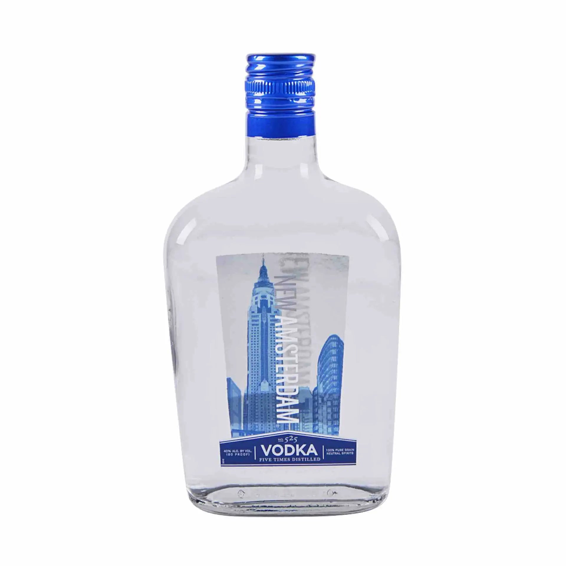 Buy New Amsterdam Vodka 375mL, clear glass bottle with blue cap and label