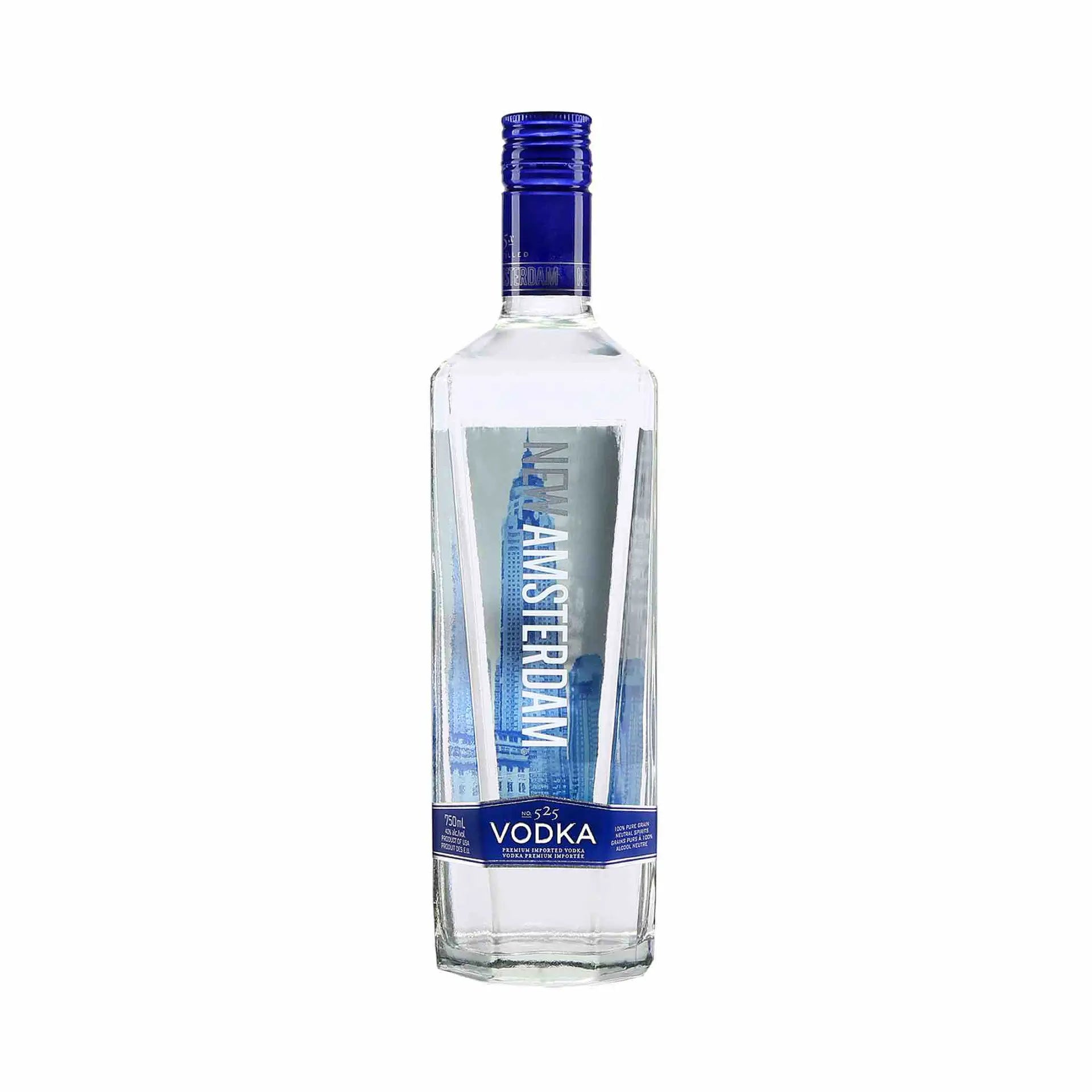 buy New Amsterdam Vodka 750mL clear glass bottle with blue label and cap