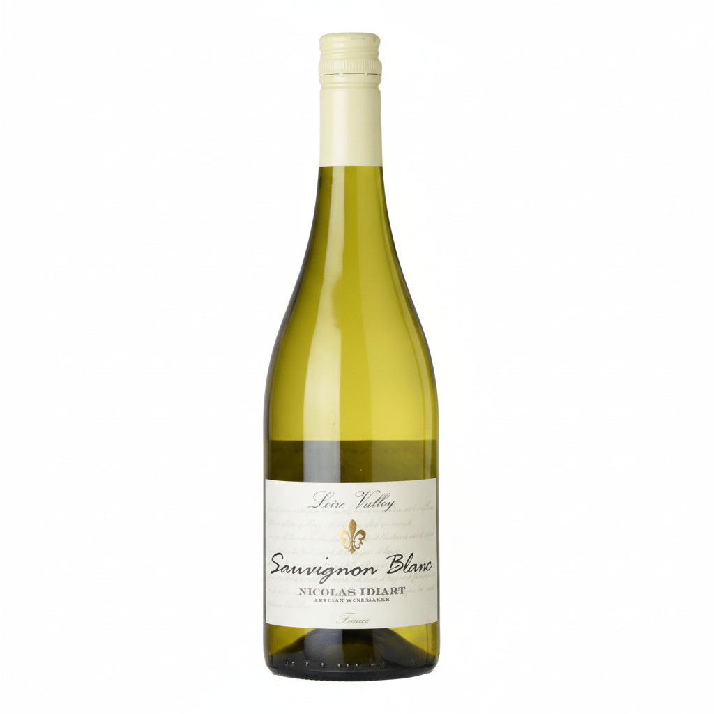 Nicolas Idiart Sauvignon Blanc wine bottle with label featuring a white and green design, displayed upright on a neutral background.