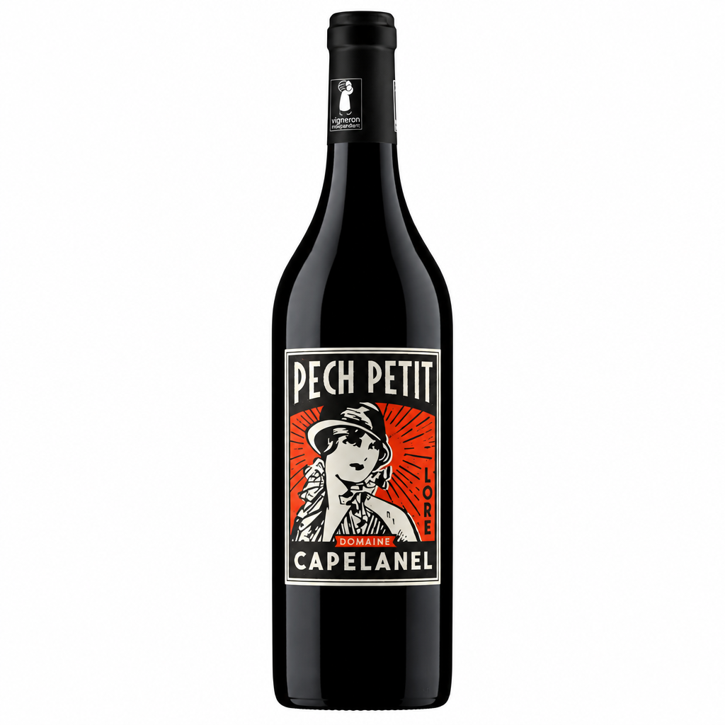 Bottle of Domaine Capelanel Cahors Pech Petit red wine with a dark label and cork, set against a rustic wooden background.