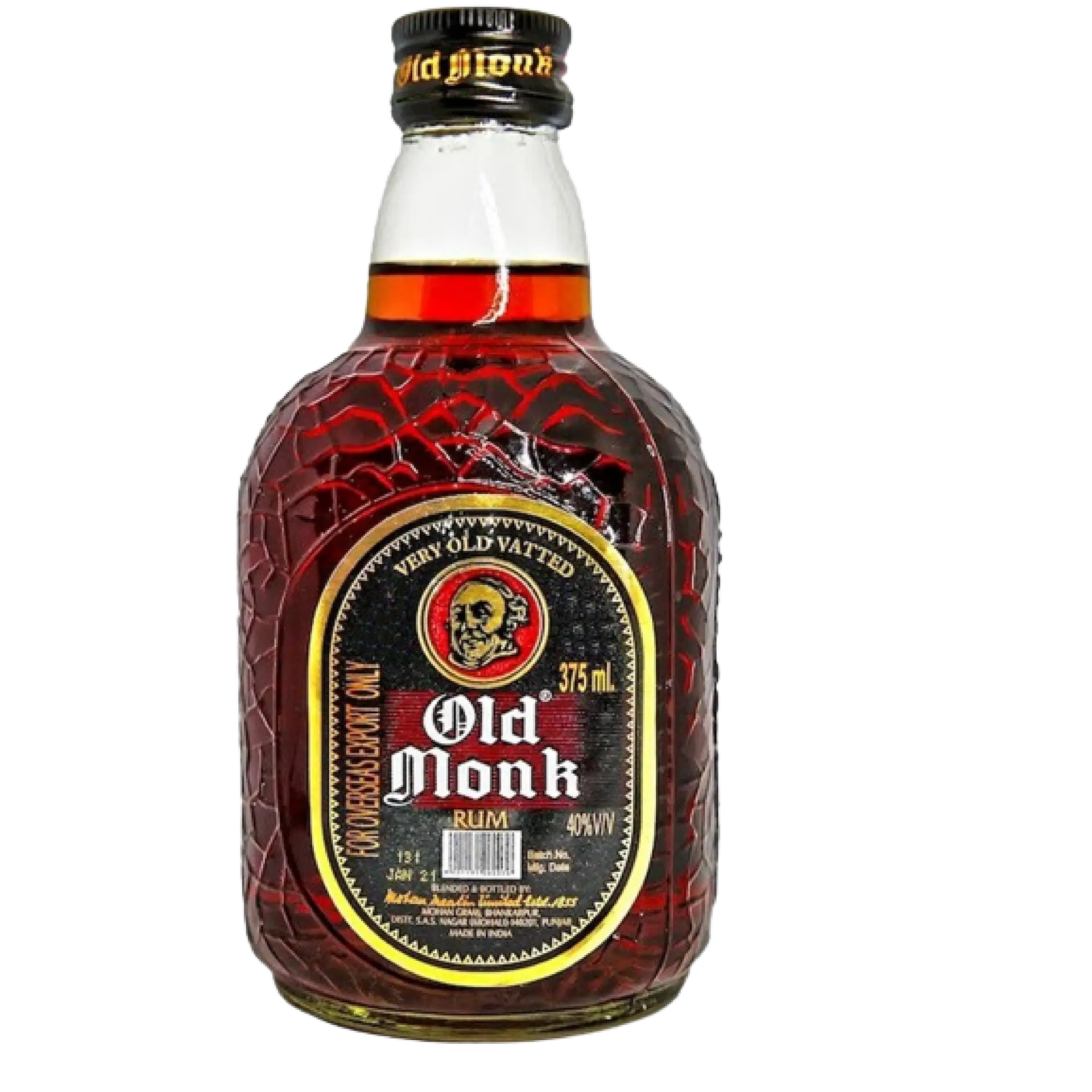 Buy Old Monk Rum 7 Year Old Blended 375mL, dark rum in a textured glass bottle.