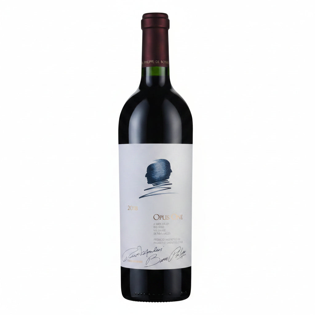 Bottle of Opus One 2018 red wine in a 750mL bottle, featuring elegant label and dark glass packaging.