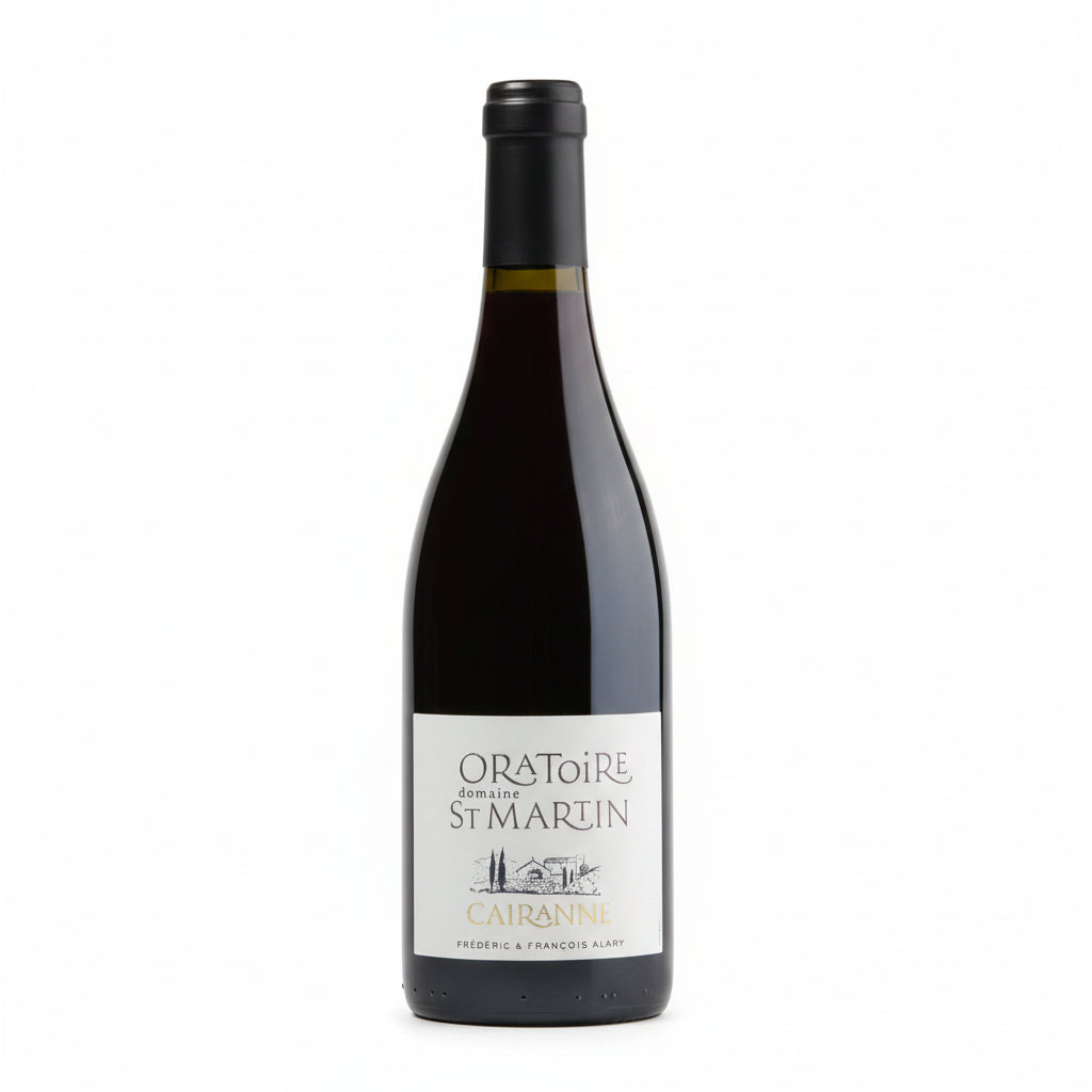 Bottle of Oratoire Saint Martin Cairanne Reserve des Seigneurs red wine from France, with a dark label and elegant bottle shape.