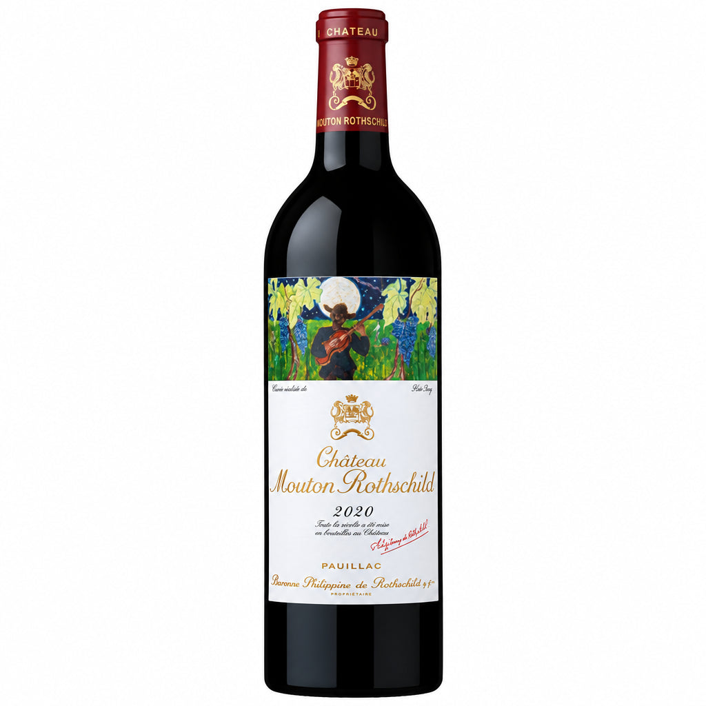 Bottle of Chateau Mouton Rothschild 2020 red wine with label visible, showcasing the elegant Bordeaux wine from Chateau winery.