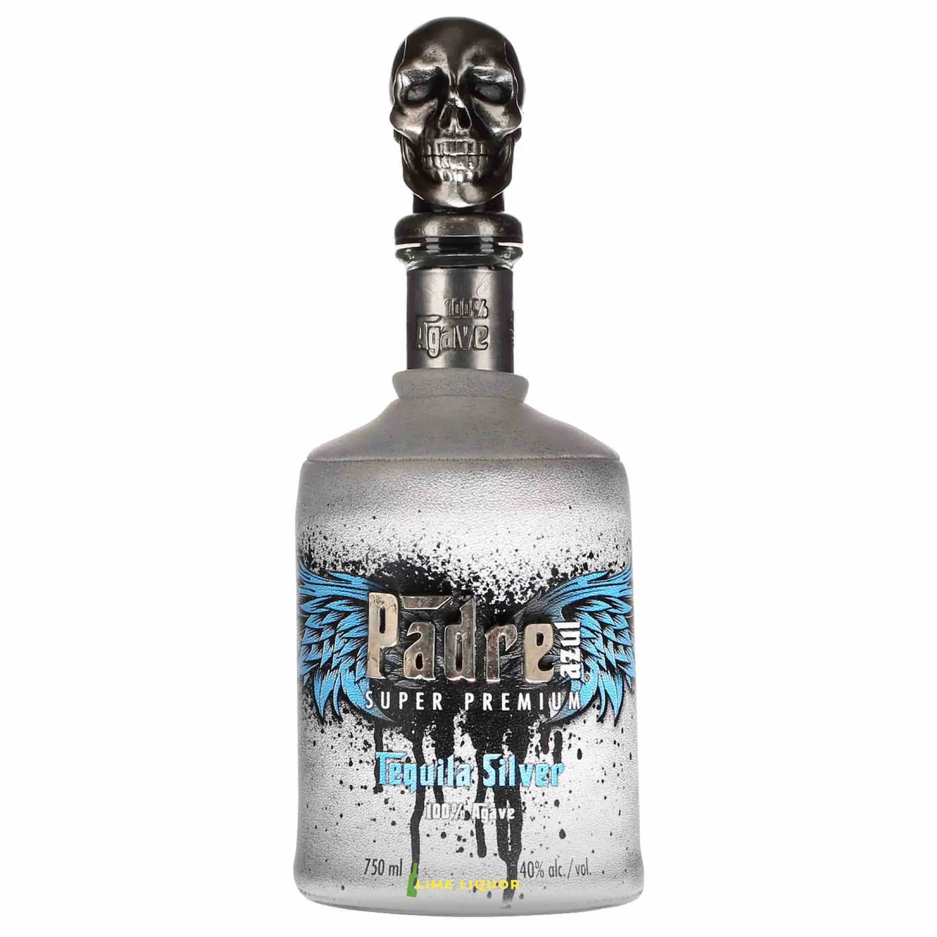 Buy Padre Azul Silver 750mL tequila, unique bottle with skull cap and blue wing design