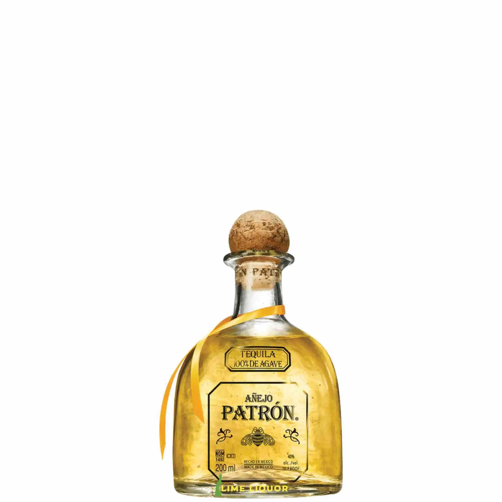 Buy Patrón Añejo Tequila 200mL, premium agave tequila in clear glass bottle with cork top