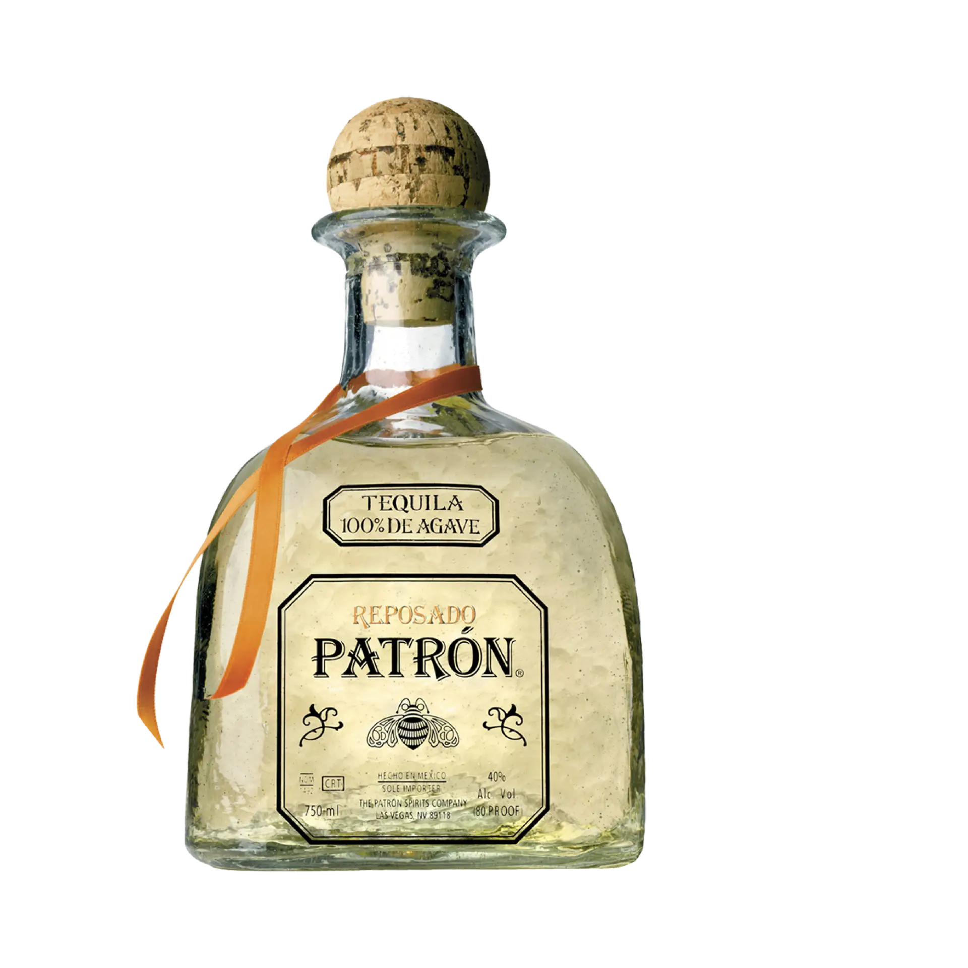 Buy Patron Reposado, 100% agave tequila in a clear bottle with cork and ribbon