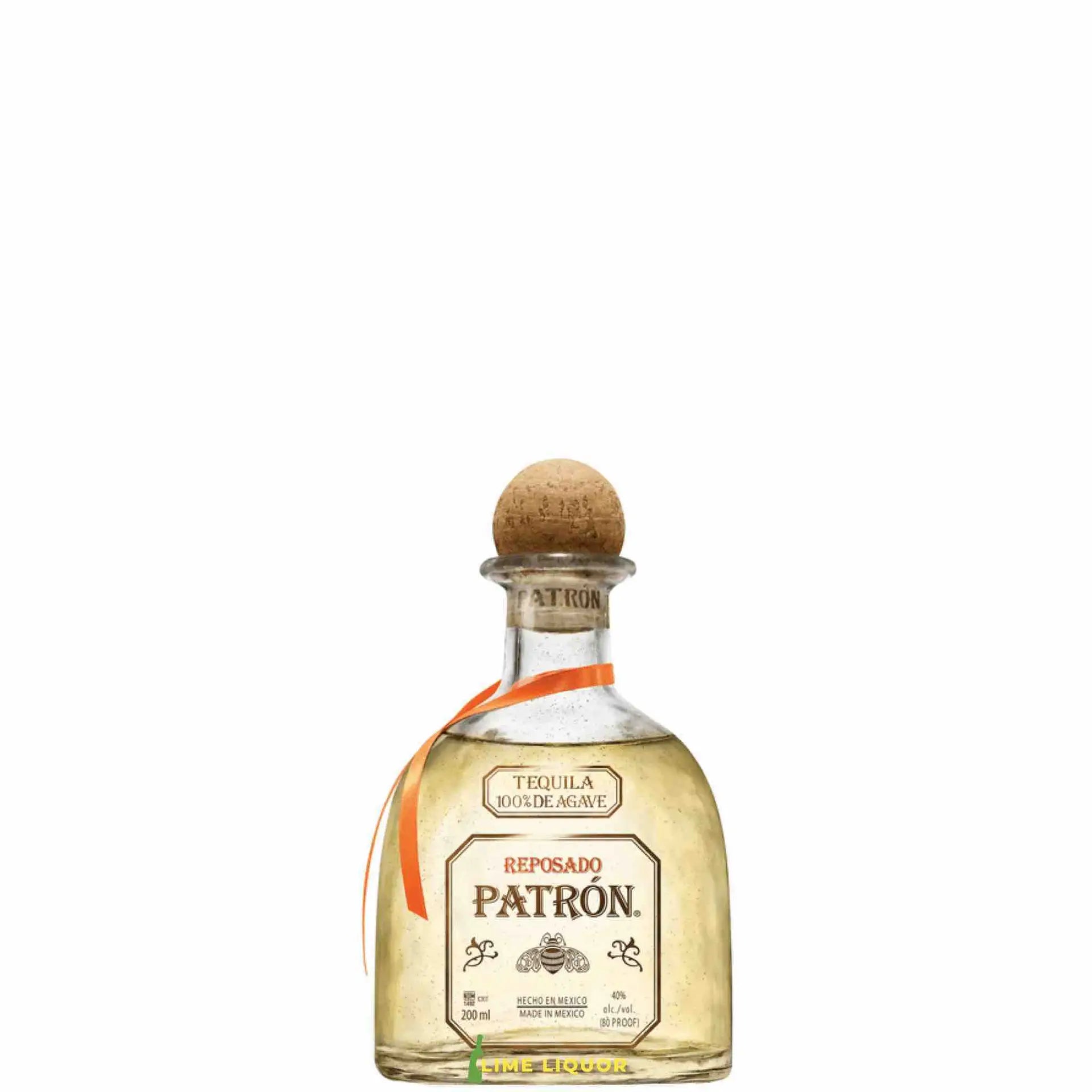 Buy Patron Reposado 200mL tequila bottle with cork top and orange ribbon
