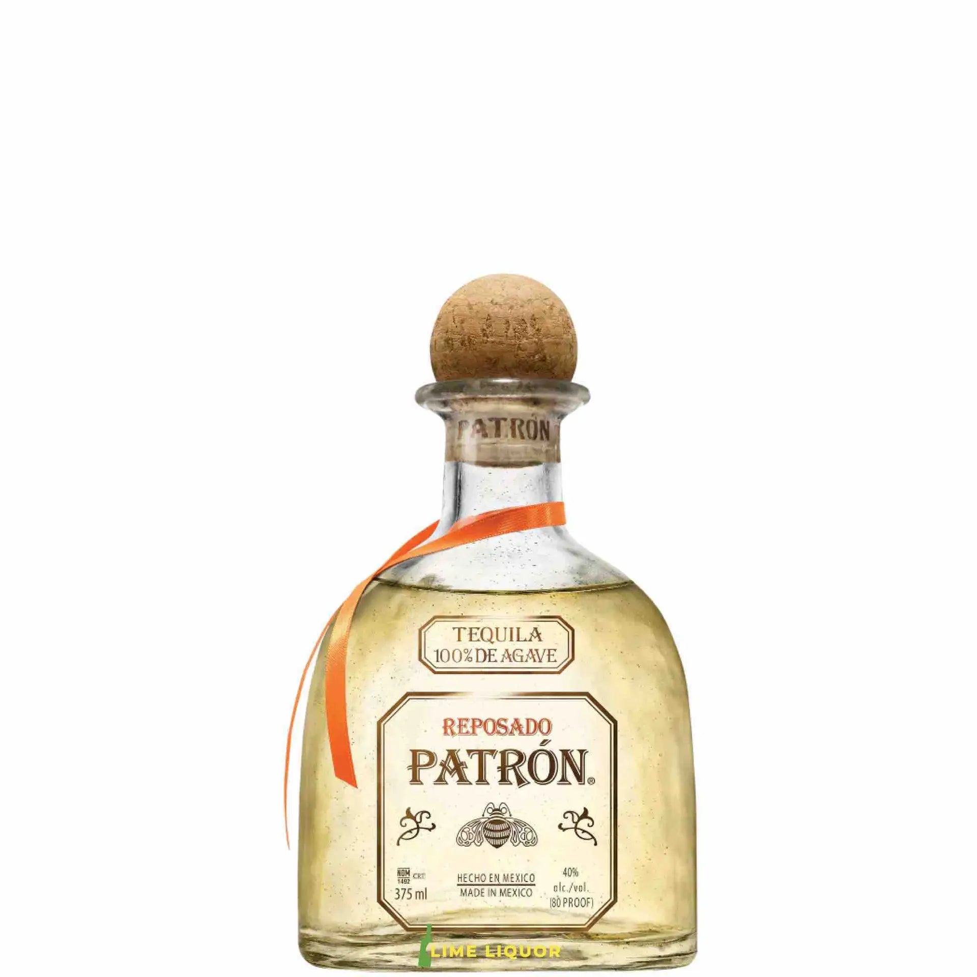 buy Patron Reposado 375mL tequila bottle with cork and orange ribbon