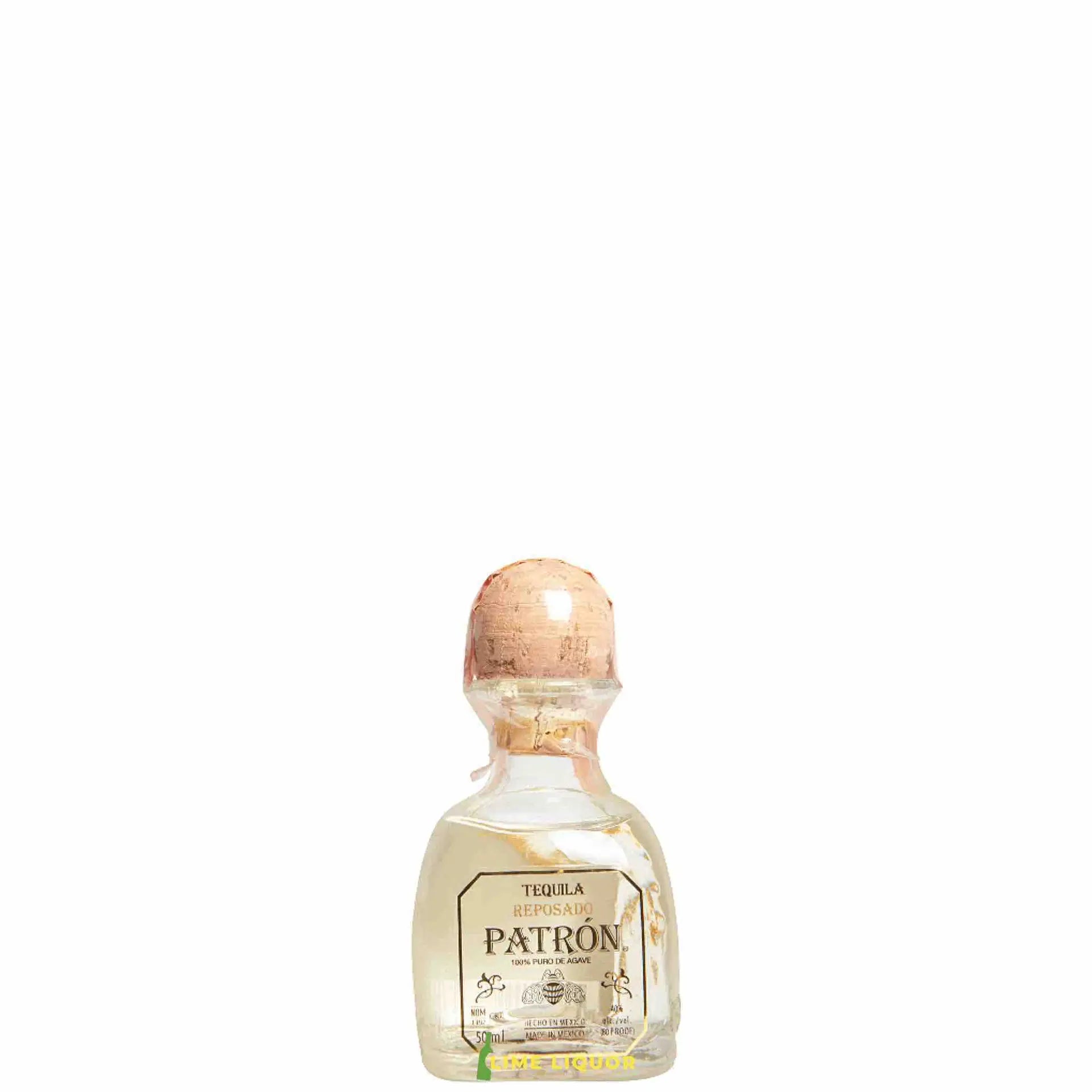 Buy Patron Reposado 50mL mini tequila bottle with cork cap on white background