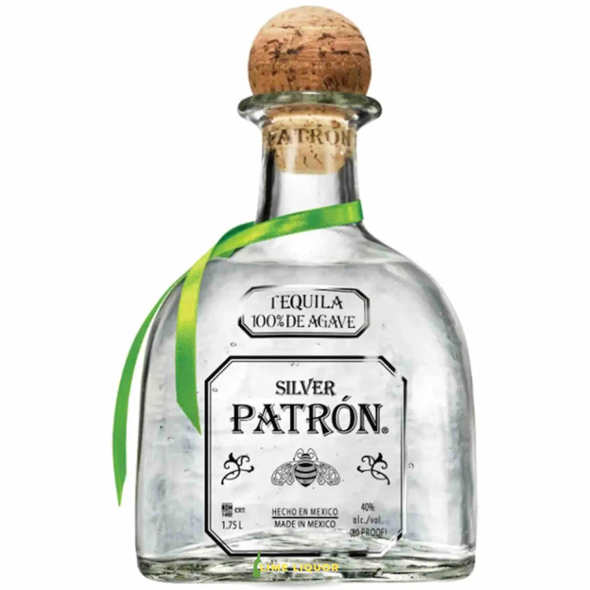 Buy Patrón Silver Tequila 1.75L, clear glass bottle with cork and green ribbon