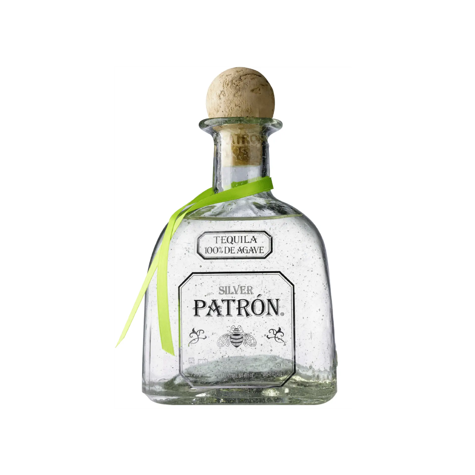 Buy Patrón Silver Tequila, clear bottle with cork and lime green ribbon