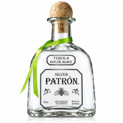 Clear glass bottle of Patron Silver tequila with silver label, showcasing the premium Patron tequila brand.