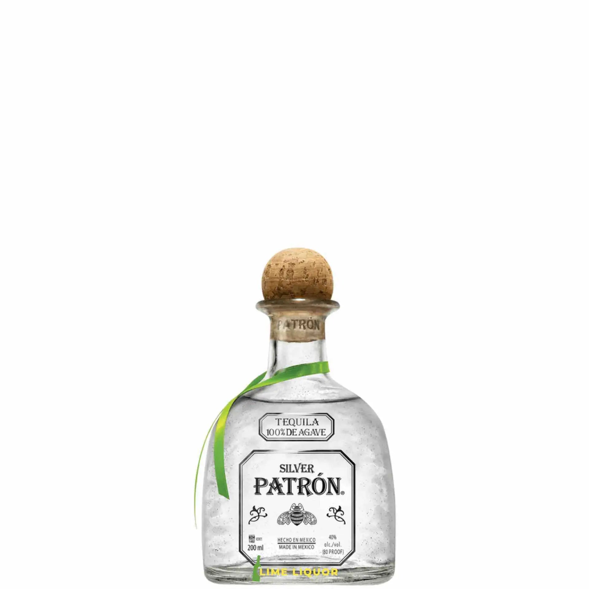 buy Patron Silver 200mL clear tequila bottle with cork cap and green ribbon