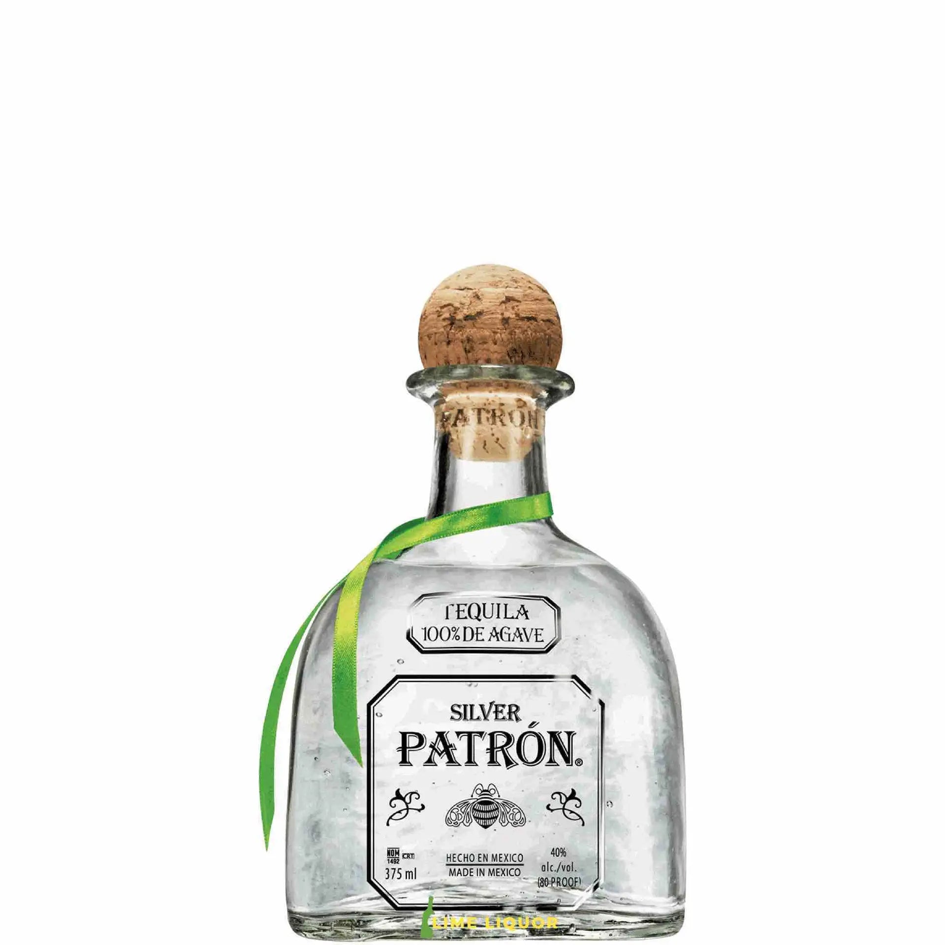buy Patron Silver 375mL tequila bottle with cork and green ribbon