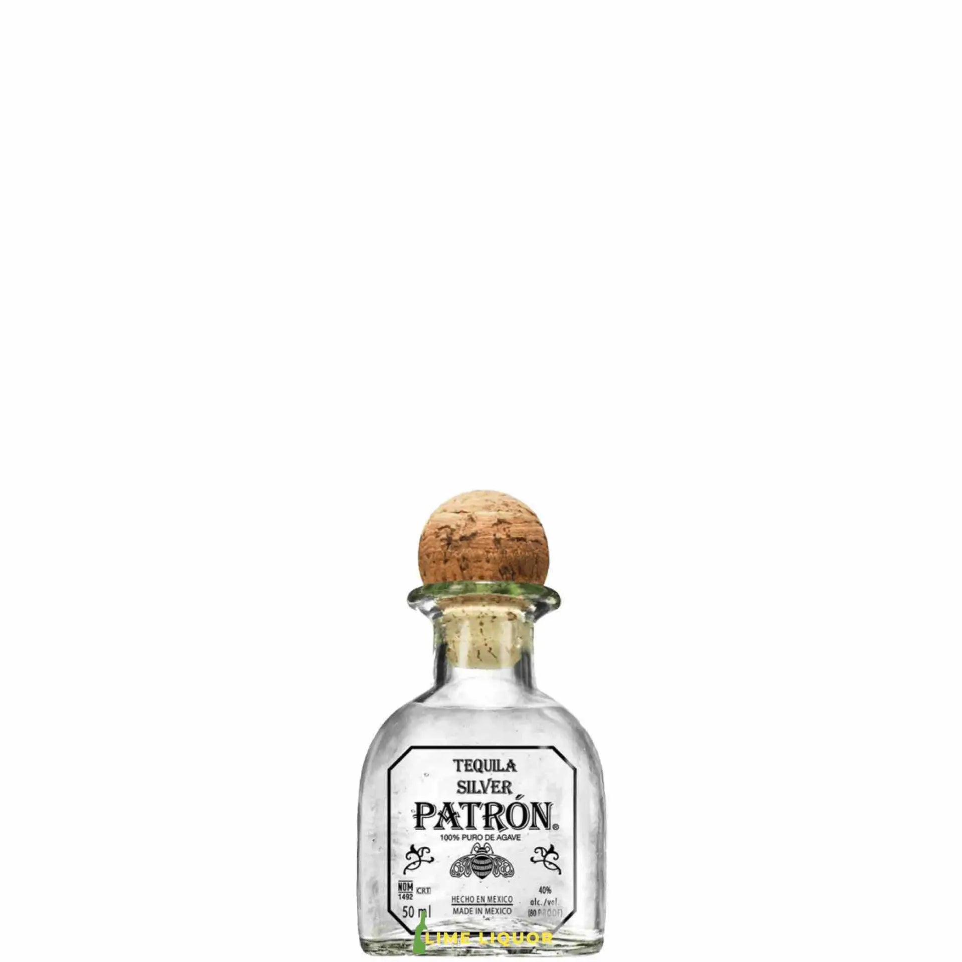 Buy Patron Silver 50mL tequila mini bottle with cork top, clear label, isolated on white