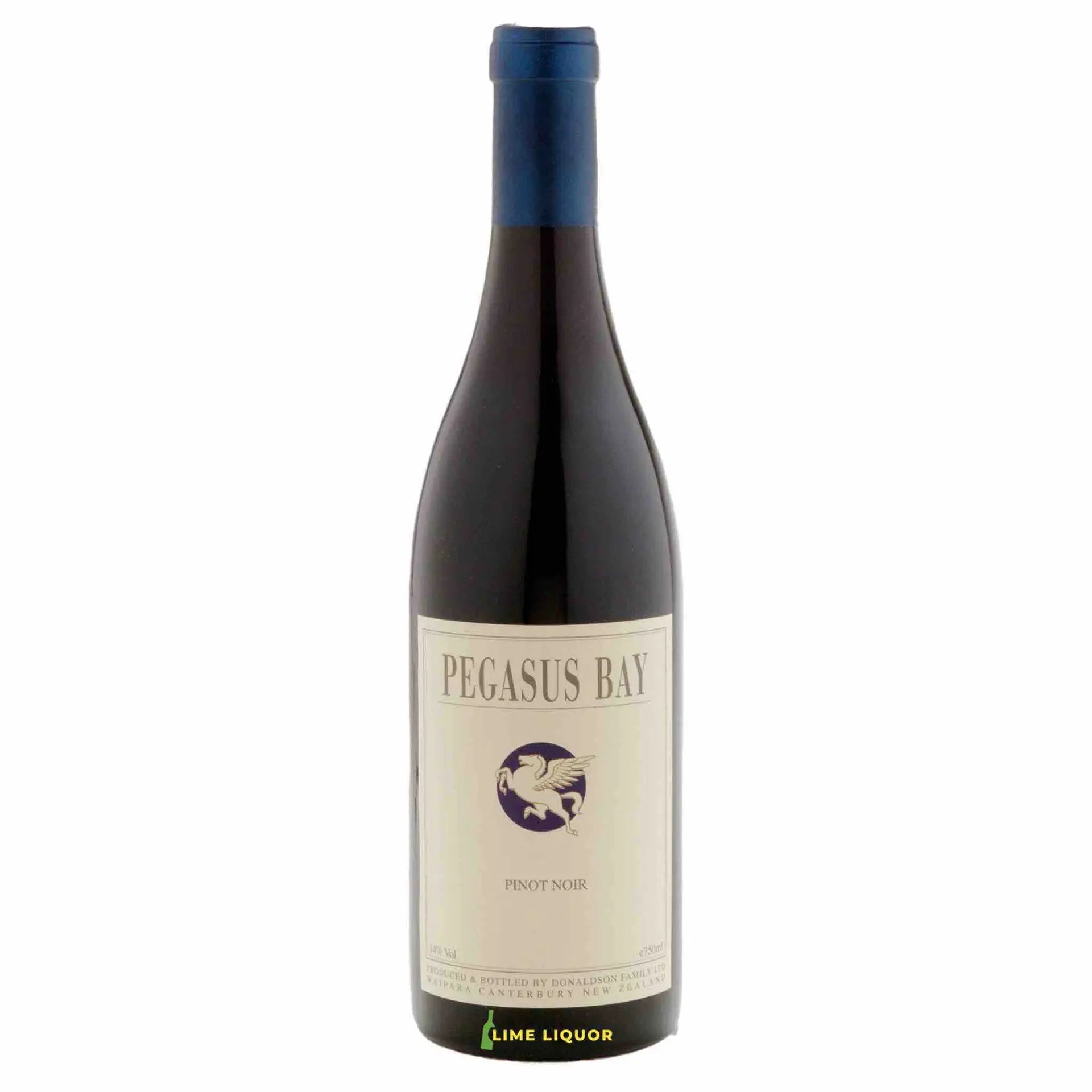 Buy Pegasus Bay Pinot Noir 750mL wine bottle with cream label and blue cap