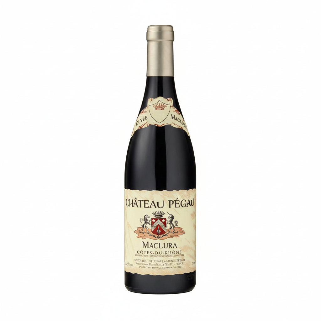 Pegau Cotes-Du-Rhone Maclura wine bottle with label and cork, showcasing the Pegau brand and elegant design.