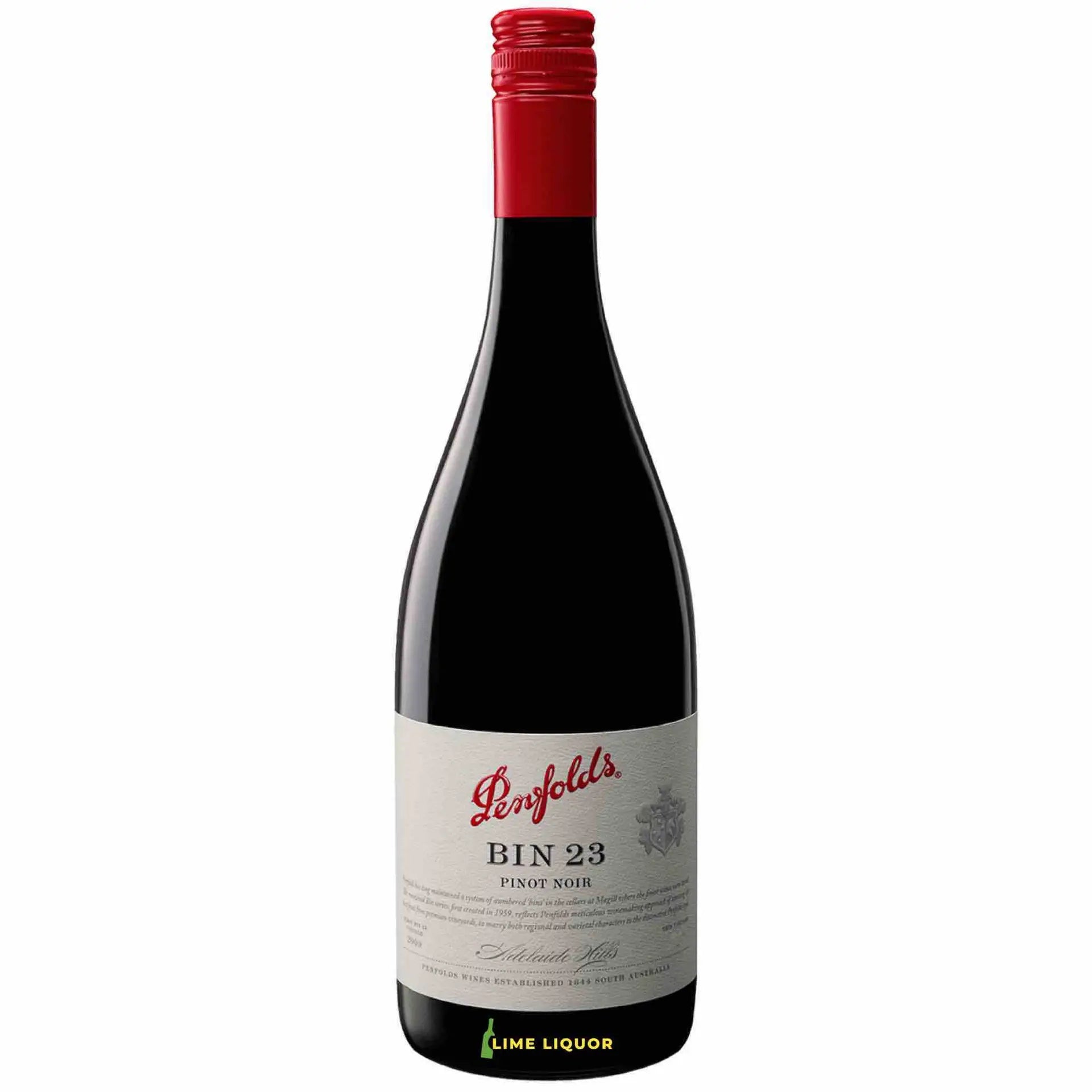 Buy Penfolds Bin 23 Pinot Noir 750mL, red wine bottle with red cap on white background