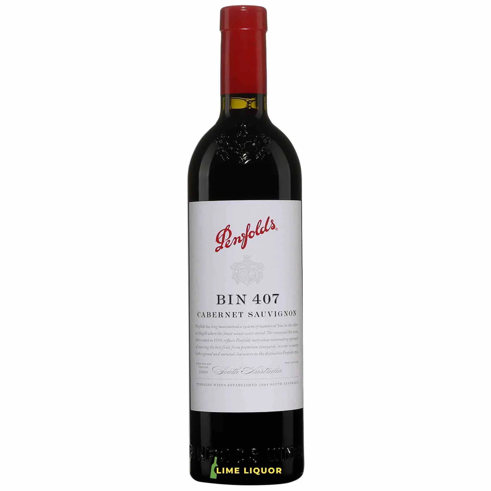 Buy Penfolds Bin 407 Cabernet Sauvignon 750mL red wine with red foil cap bottle.