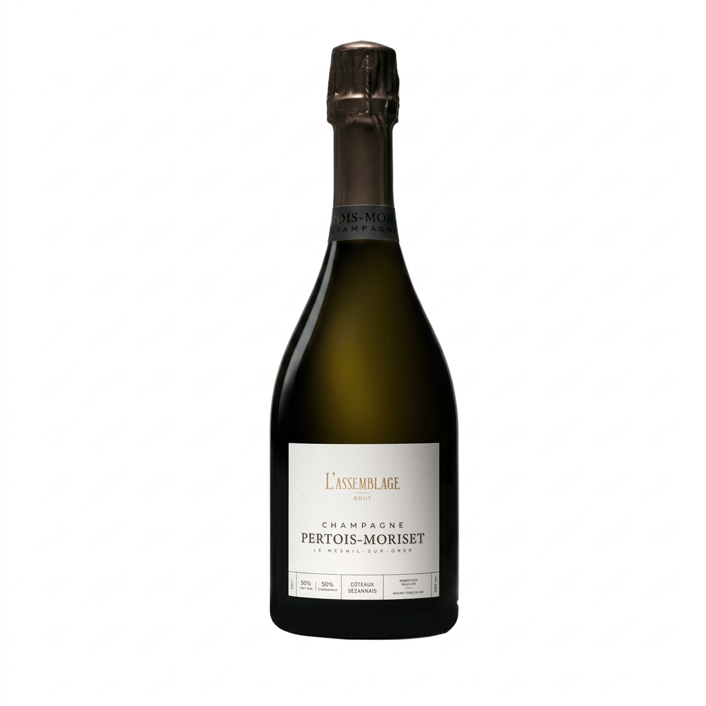 Bottle of Champagne Pertois Moriset L'Assemblage with elegant label and foil wrapping, showcasing a premium sparkling wine.