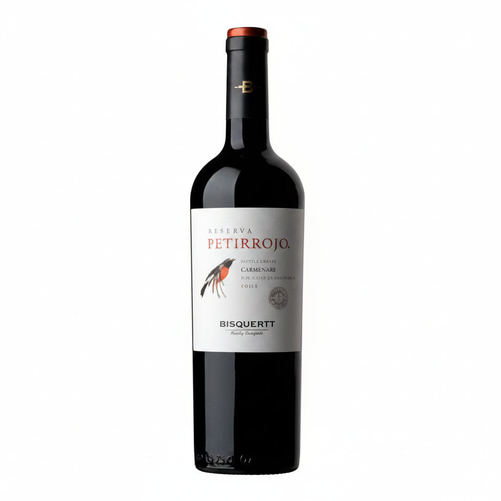 Petirrojo Carmenere red wine bottle, 750mL with label, showcasing the classic wine packaging and branding.