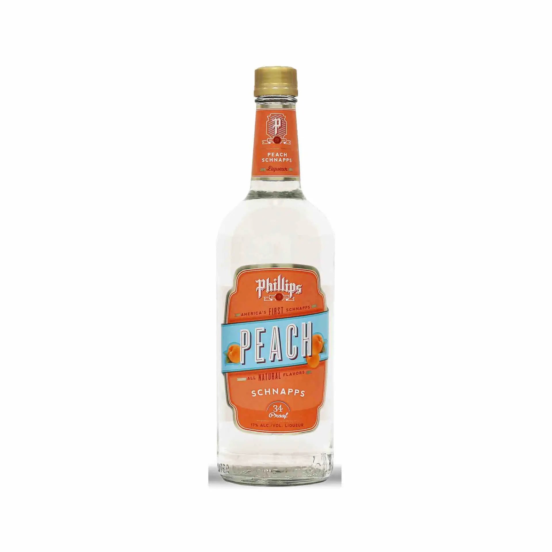 Buy Phillips Peach Schnapps 750mL, clear bottle with orange label and peach imagery
