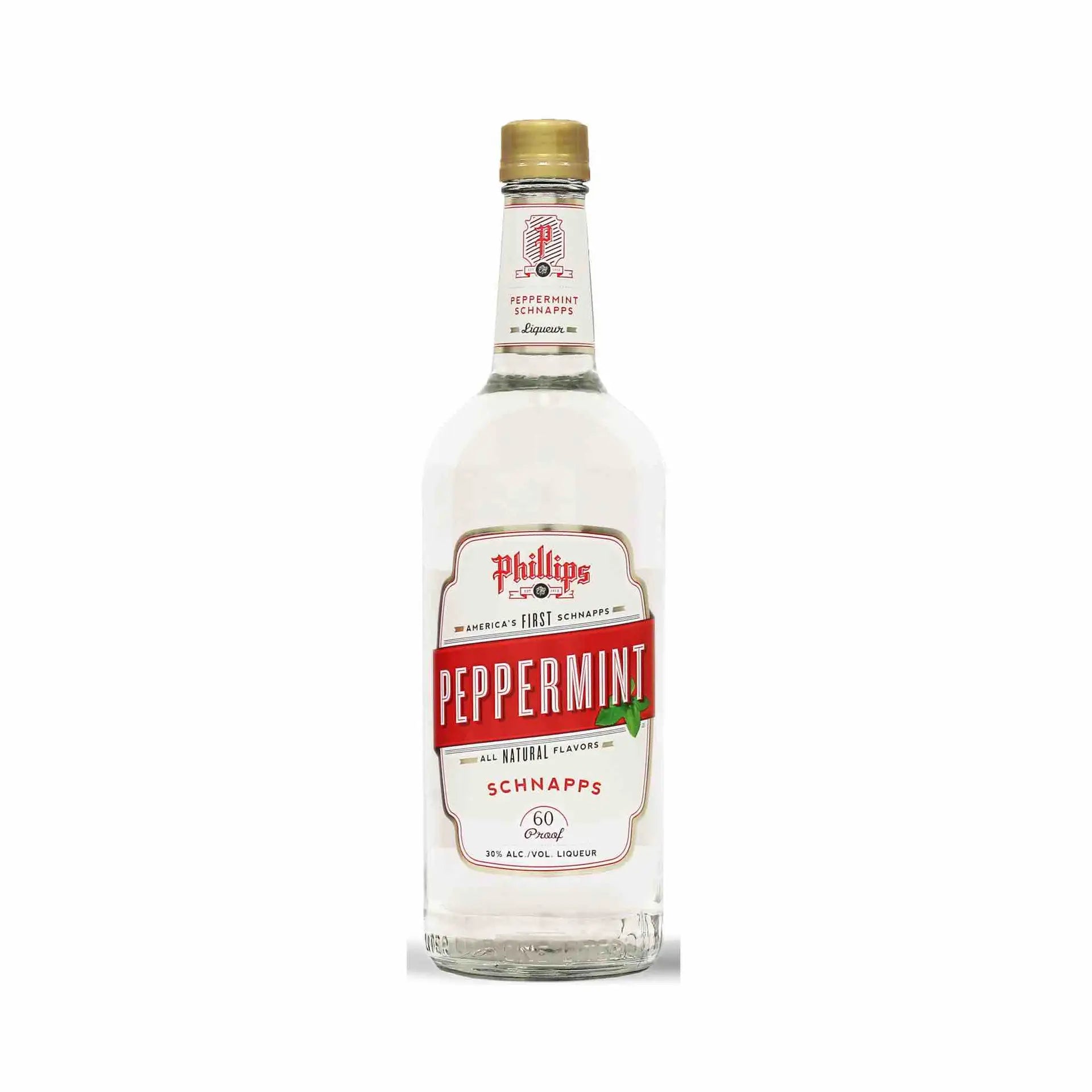 Buy Phillips Peppermint Schnapps 750mL, clear bottle with red and white label