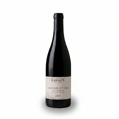 Bottle of Pierre Ravaut Ladoix 1er Cru La Corvee 2020 red wine, featuring the label and elegant glass packaging.