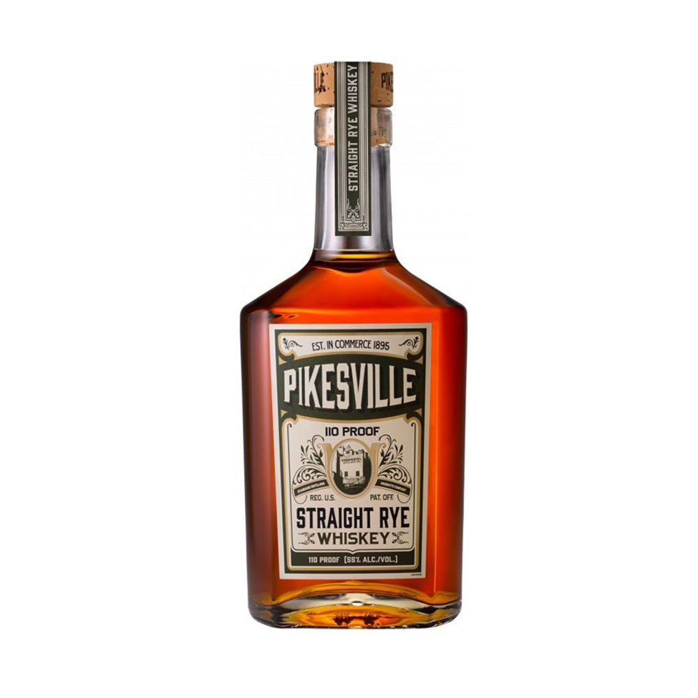 Pikesville 6 Year Old Straight Rye Whisky bottle with label and packaging, showcasing rich amber color and classic design.