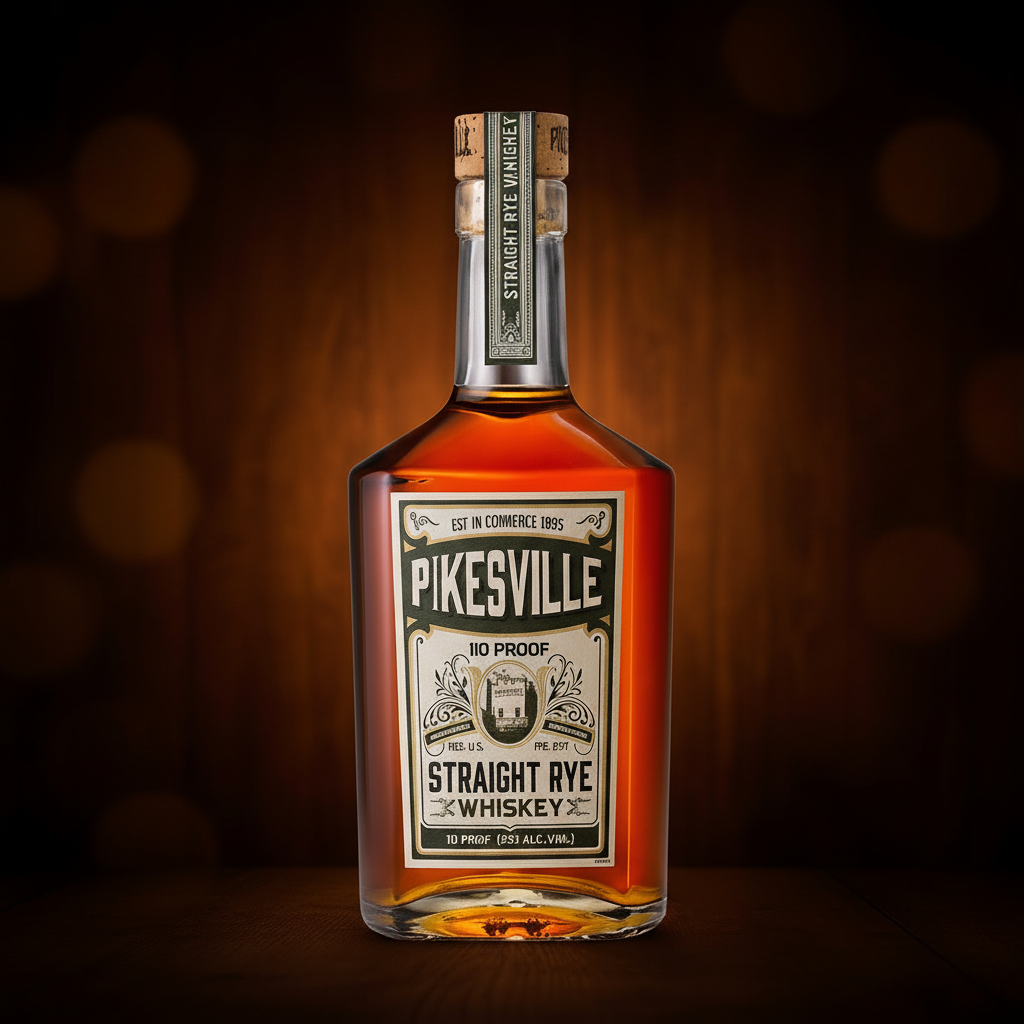 Pikesville 6 Year Old Straight Rye Whisky bottle with label, clear glass showing amber-colored rye whisky inside.