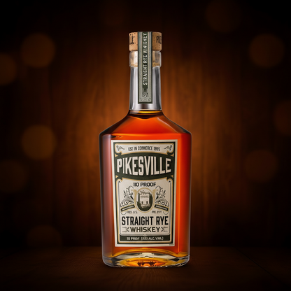 Pikesville 6 Year Old Straight Rye Whisky bottle with label, clear glass showing amber-colored rye whisky inside.