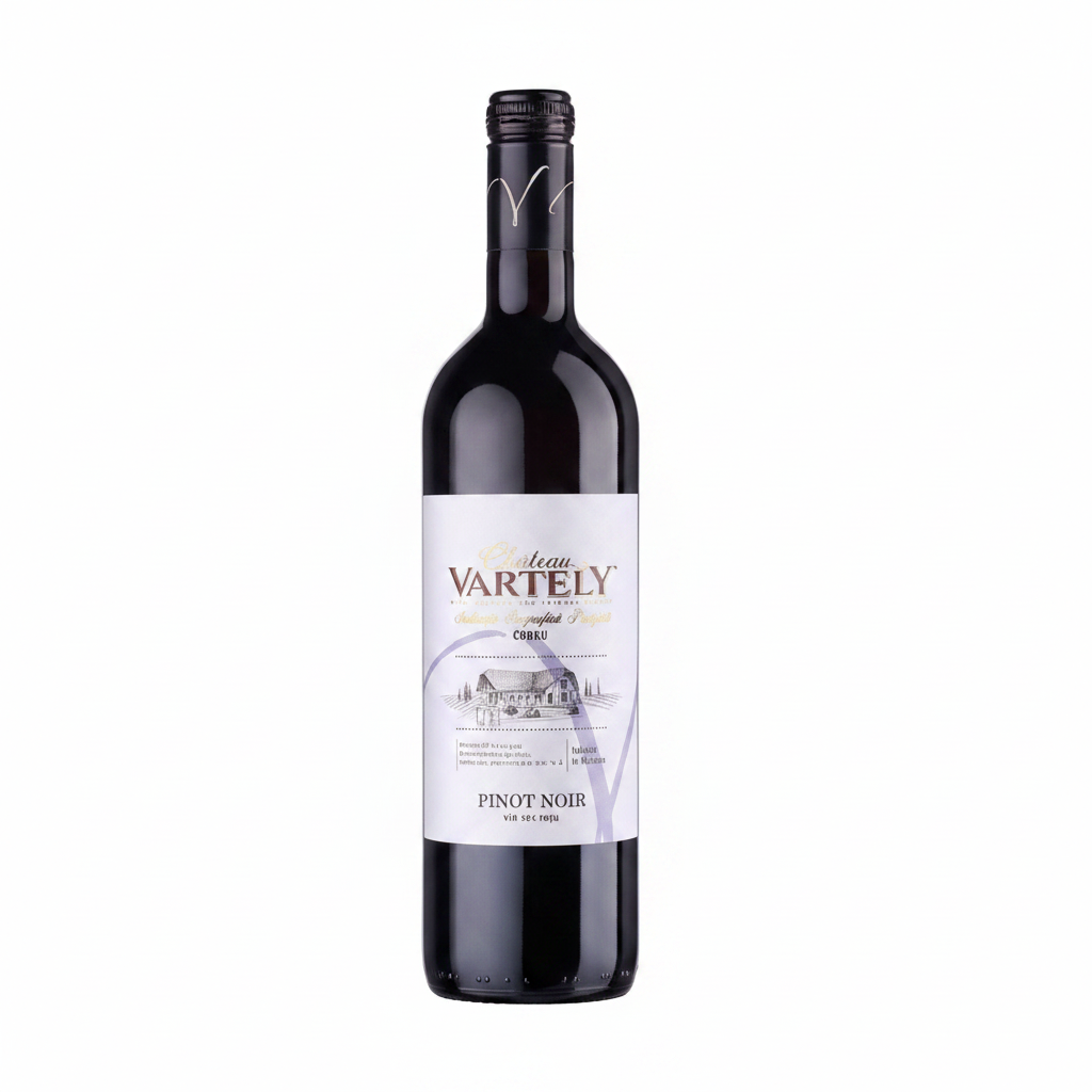 Bottle of Pinot Noir Vartely Igp 750mL featuring a dark red wine in a clear glass bottle with a label displaying the brand Pinot.